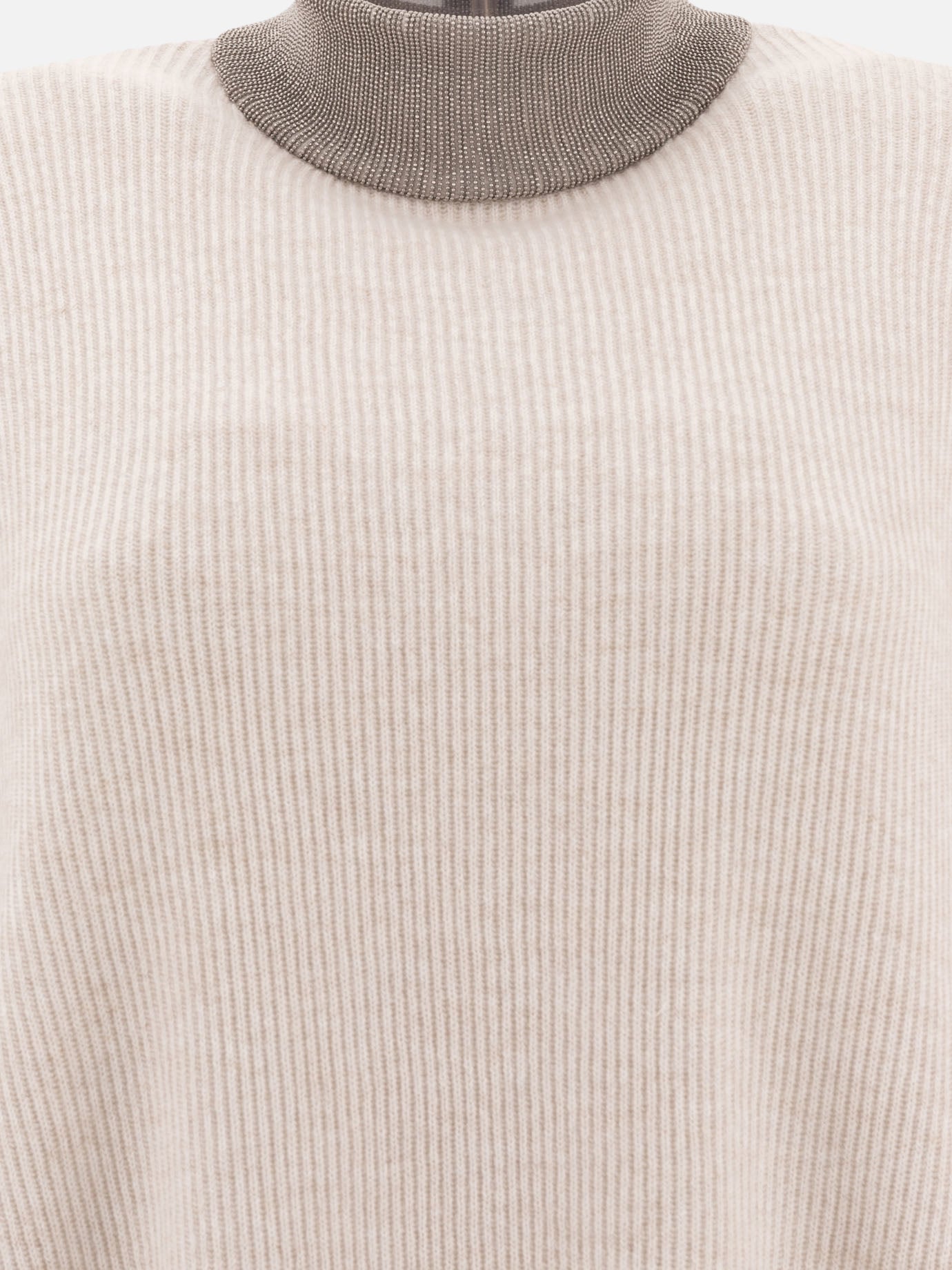 Brunello Cucinelli Cashmere sweater with precious ribbed collar Beige