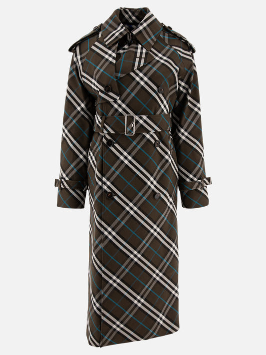 Burberry "Check" cotton blend long trenchcoat Green